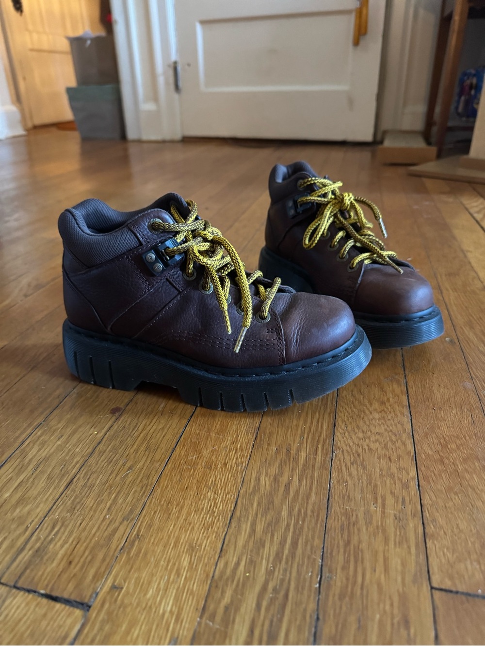 Dr. Martens Brown Leather Lace-Up Boots with Yellow Laces